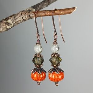 HAND CRAFTED Boho Harvest Orange Pumpkin Green Copper Dangle Drop Earrings